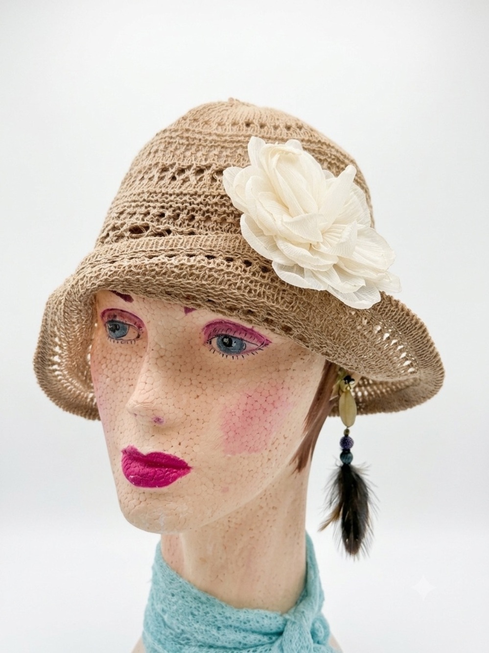 Cottagecore Boho Tan Knit Cloche Hat with Cream Fabric Flower Accent One Size